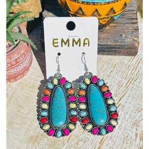Teardrop Turquoise Earrings Silver Colorful Stone Western Dangle Boho Jewelry